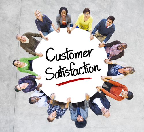 circle of people holding a sign with the words Customer Satisfaction