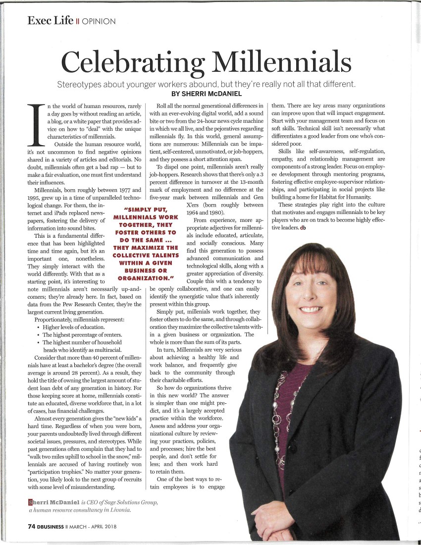 Sage Solutions Group wrote an article published in D Business Magazine, &quot;Celebrating Millennials&quot; - Michigan Human Resource Consulting Blog | Sage Solutions Group - DBusiness_1