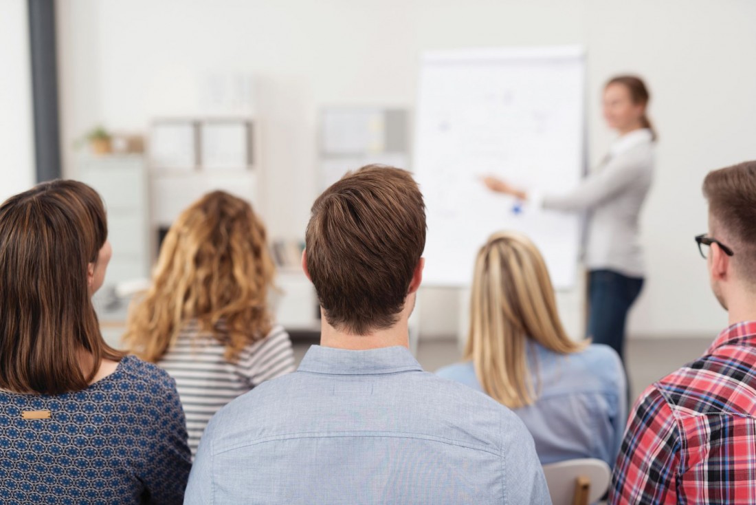 group of person listening to a presentation with the presenter blurred in the background