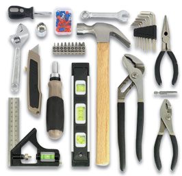 a spread of tools like a hammer, wrench, level ruler, and many more.